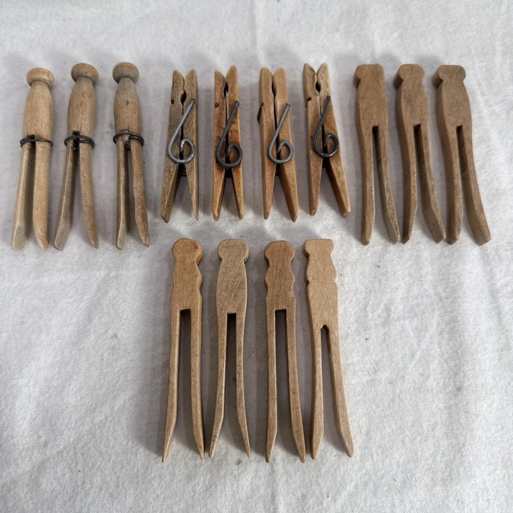 14 Antique Primitive Wood Clothespins Round Head w/Wire Wrap Flat & Big Spring